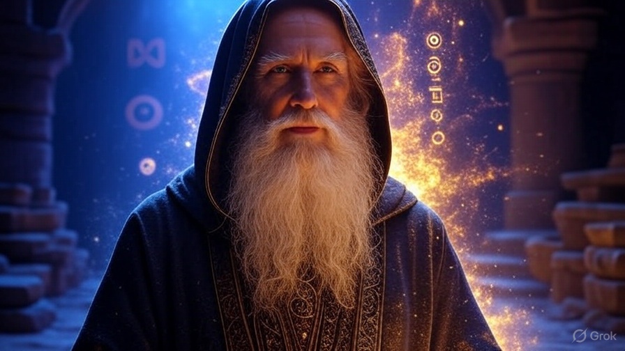 Mystischer spiritueller Berater mit weißem Bart und goldenen Symbolen, professionelle Seelenführung und spirituelle Problemlösung